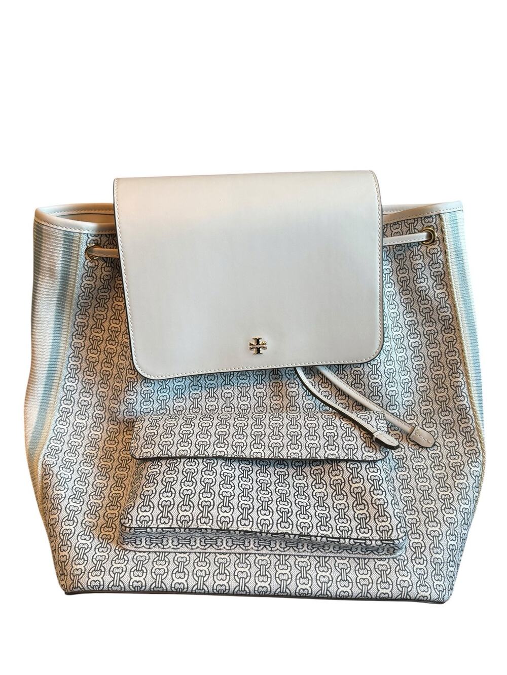 Tory Burch Gemini Link Canvas Backpack White Leather Trim Chain Print